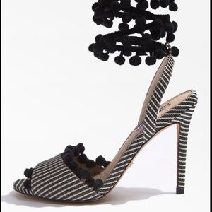 TopShop Pom Pom Black White Stripe Ankle Wrap Tie Womens Heels size 7